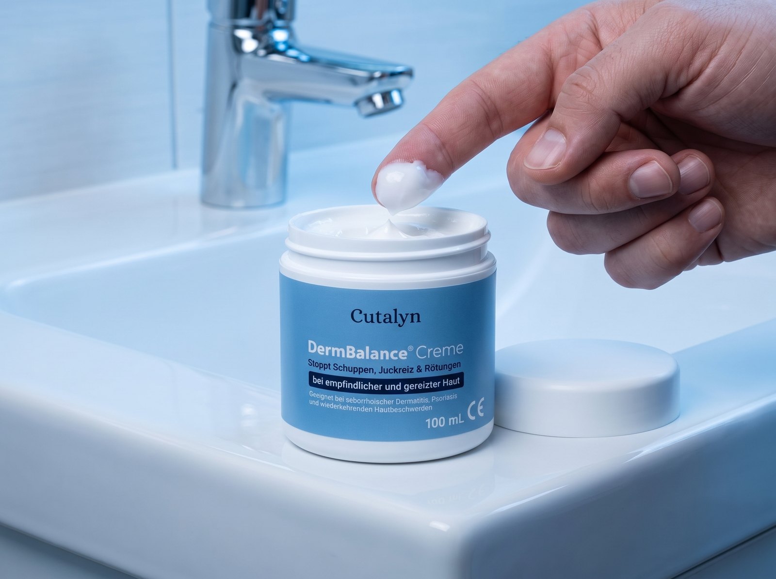 DermBalance® Creme von Cutalyn auf dem Waschbecken, Entnahme mit dem Finger
