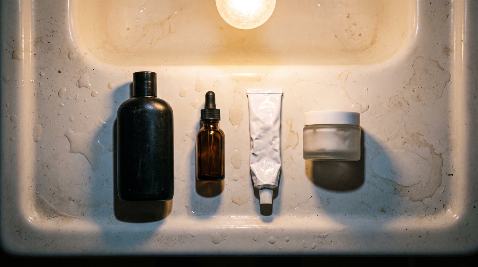 Anti-Schuppen-Shampoo, Bartöl, Feuchtigkeitscreme und Kortisonsalbe im Waschbecken